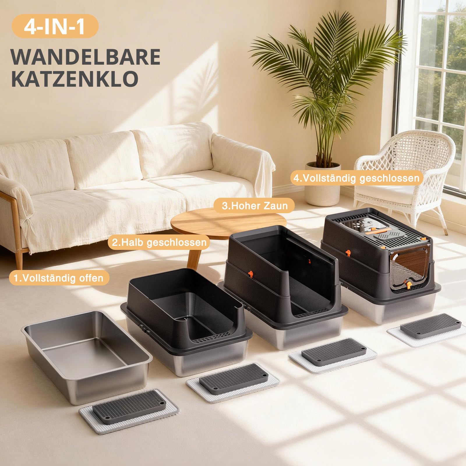 Katzentoilette aus Edelstahl, XXL geschlossene Katzentoilette mit Deckel, leicht zu reinigen, hochseitiges Metall-Kitty, mit Einstieg Oben, Schaufel, Matte, Bürste & Fußpedal-Schwarz