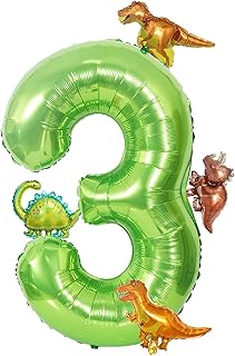 40 Inch Green Number 3 with Mini Dinosaur Balloon, Tyrannosaurus Rex Velociraptor Triceratops Brontosaurus Foil Balloons for Kid Birthday Cute Dino Baby Shower Party Decorations