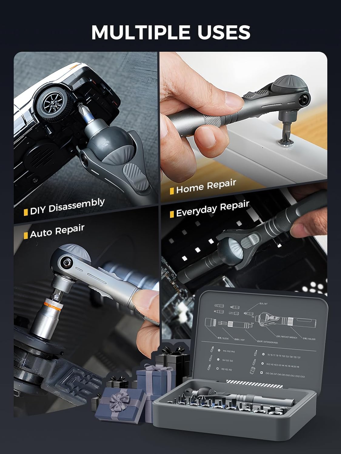 ATuMan RS2 40 In 1 Screwdriver Set, Multi Ratchet Screwdriver Set Magnetic Quick-Release S2 Tool Steel Bit with Case 45-Tooth 1/4 Small Ratchet Kit for Diy/Auto/Home/Repair