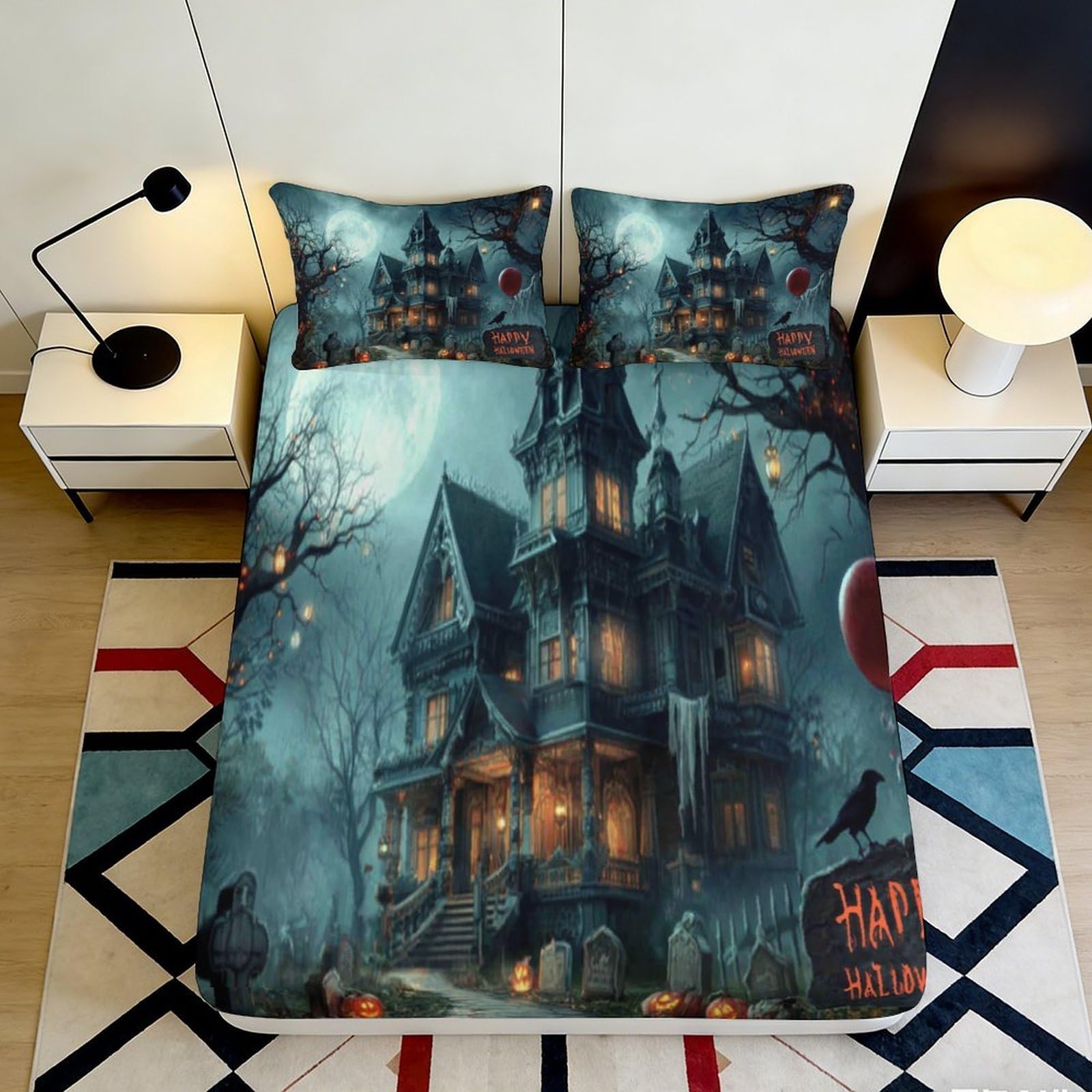 3D Printed Haunted House Fitted Sheet Microfiber Halloween Castle Bed Cover for Bedroom Dorm Mattress Decor 90x200x25cm
