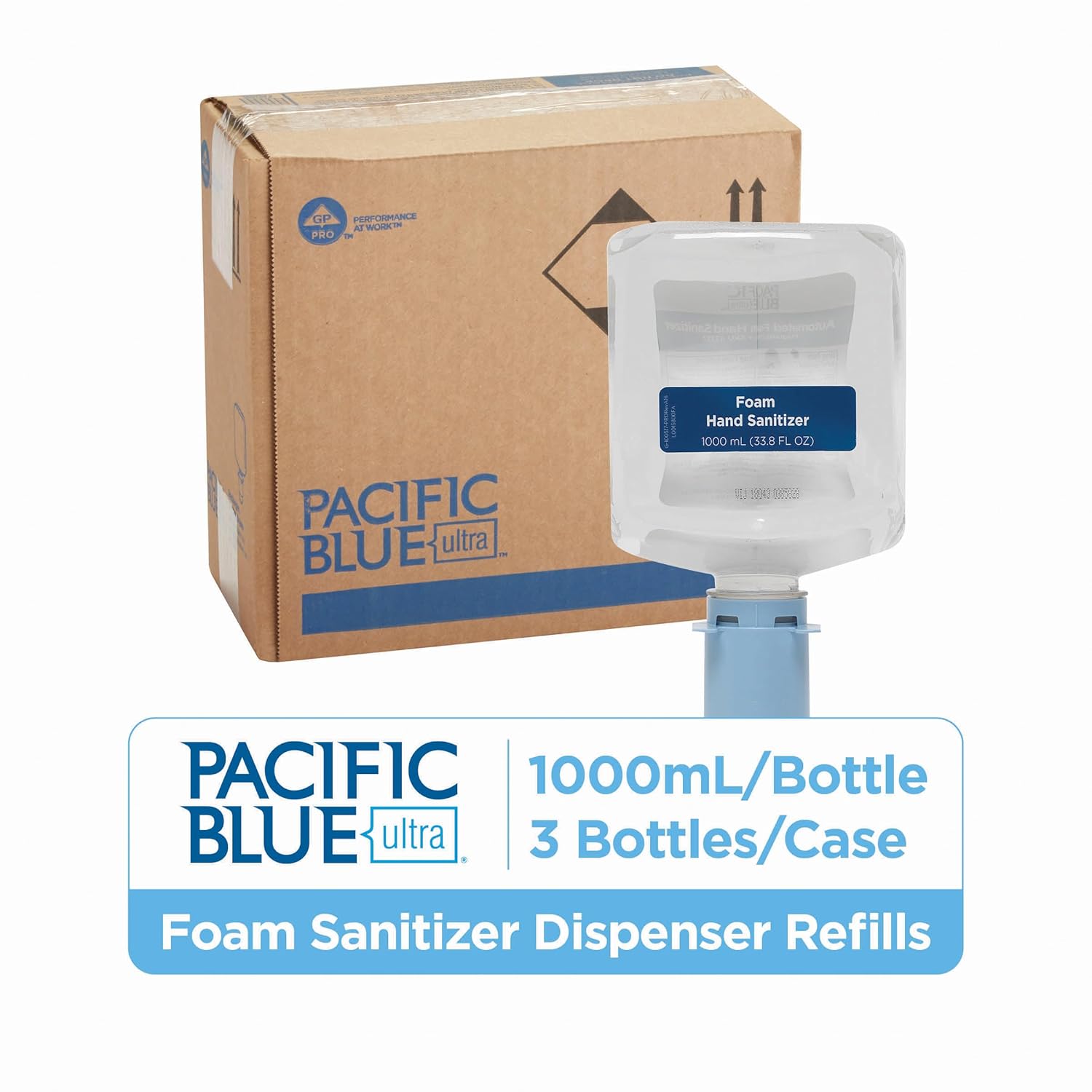 Georgia-Pacific (43337 Pacific Blue Ultra Foam Hand Sanitizer Refill for Pacific Blue Ultra Automated Touchless Dispenser, Dye and Fragrance-Free, 33.8 FL OZ, 3 Refills Per Case