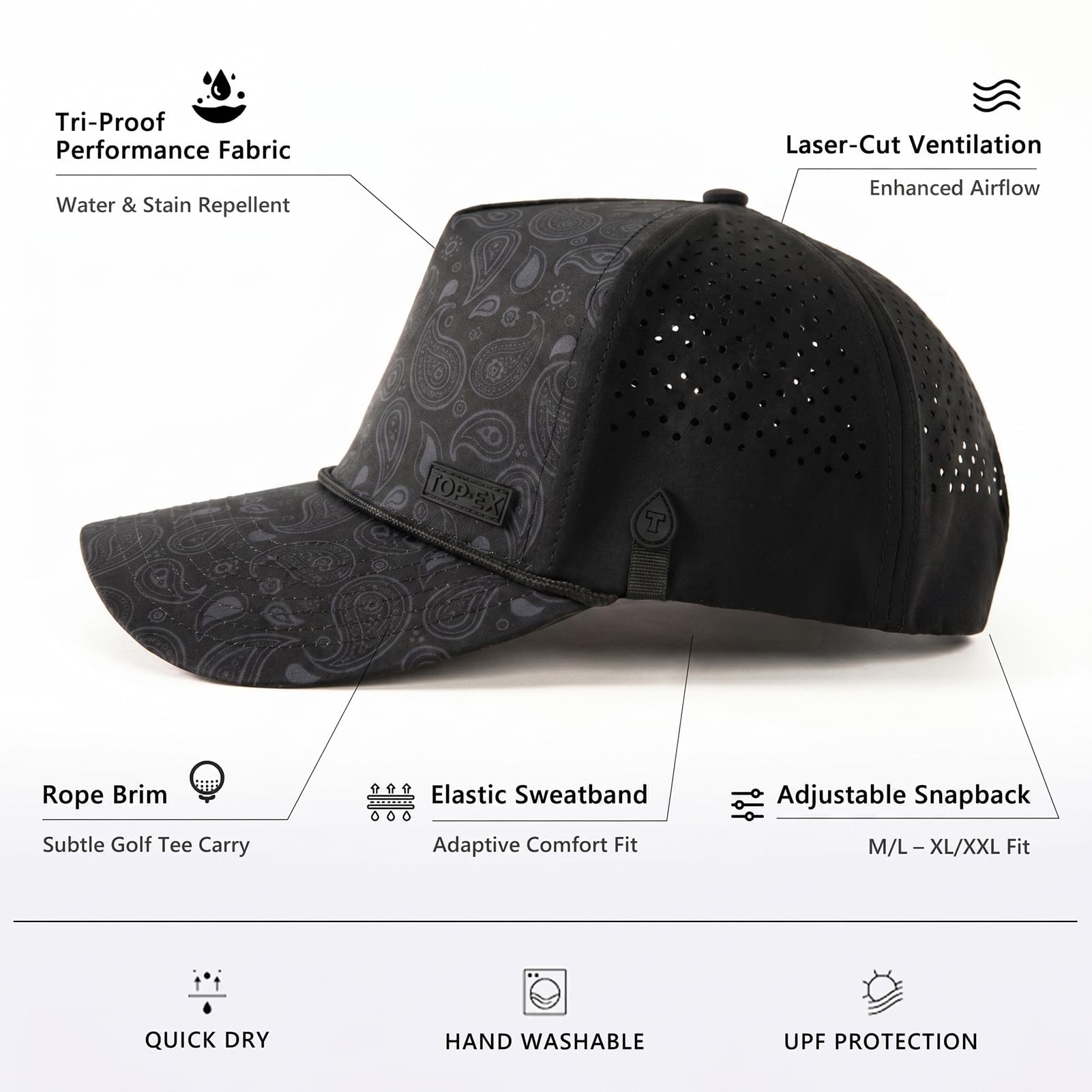 TOP-EX Gorra para hombre con correa, gorra de snapback, resistente al agua, protección UV, transpirable, gorra deportiva para verano, gorra de golf