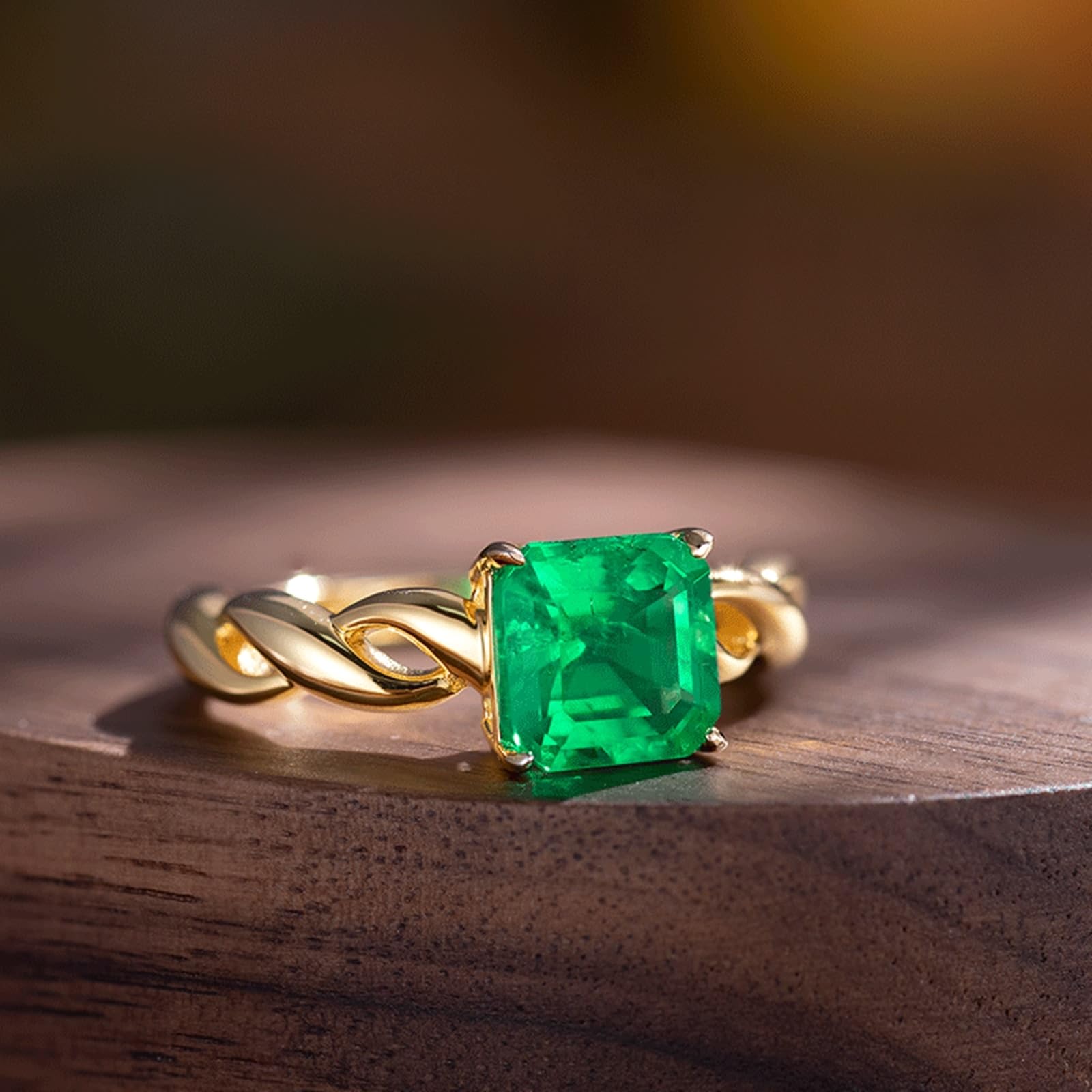 Bagues d'amitié - Or jaune 9 K/14 K/18 carats - Créées en laboratoire - Émeraude - 4 griffes - Alliances véritables Au 750/585/375 - Taille 47-70