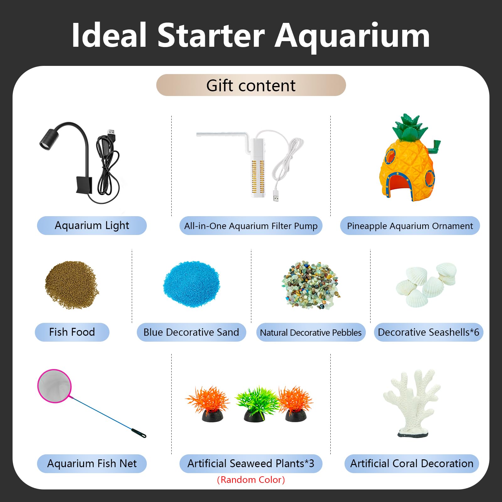 Kit de iniciación de acuario de pecera de 4 galones con filtro y luz, todo en uno, pequeño tanque de peces para Betta, niños y escritorio, nano acuario autolimpiante con tapa (negro mediano