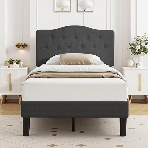 Miniatura 117 de VECELO Base de cama de plataforma de tamaño matrimonial con cabecera tapizada de tela y soporte de listones de madera, no necesita somier, fácil
