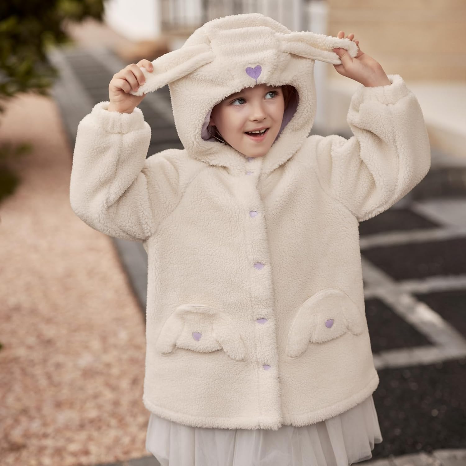 DAVE&BELLA Toddler Girls Hooded Fleece Jacket with Rabbit Ear Baby Long Sleeve Thick Warm Outerwear Heart Button Winter Coat