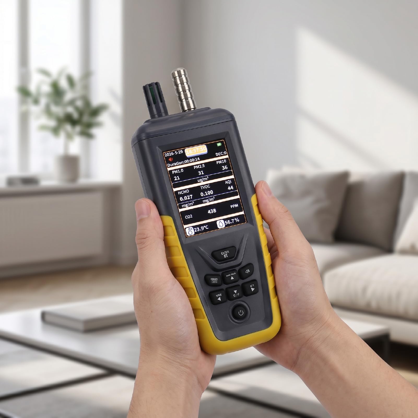 Luftqualitätsmonitor, Tester, Staubpartikelzähler, CO2, VOC, Formaldehyd, Luftqualitätsmessgerät, PM1,0, PM2,5, PM10, Temperatur, Luftfeuchtigkeit, 2200 MAh, Batterie für