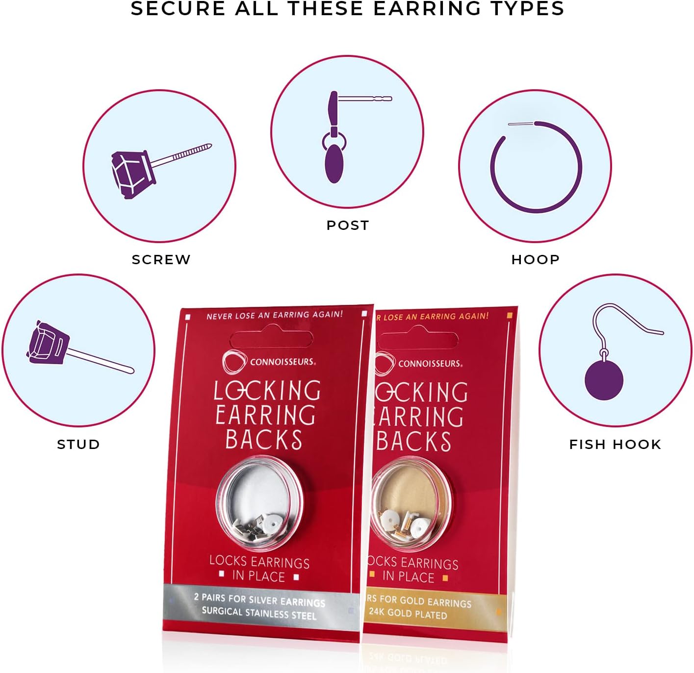 CONNOISSEURS Locking Earring Backs - Hypoallergenic Earring Backs for Studs, Hoops, and More - Never Lose an Earring Again