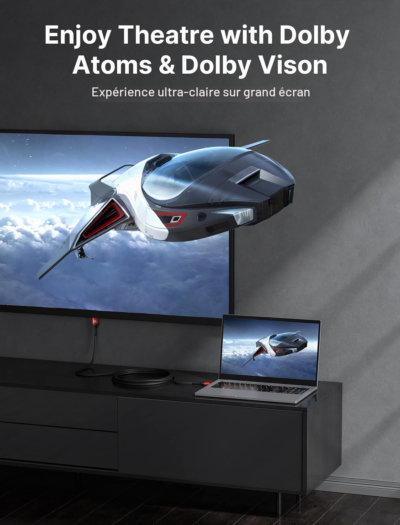 JSAUX Câble HDMI 10 m, long câble HDMI 2.1 fibre optique 8 K haute vitesse 48 Gbps 8 K @ 60 Hz, 4K @ 120 Hz, UHD HDR 10+, eARC, Dolby Vision, 3D, VRR, compatible avec PS4, PS5, 8 K Gaming