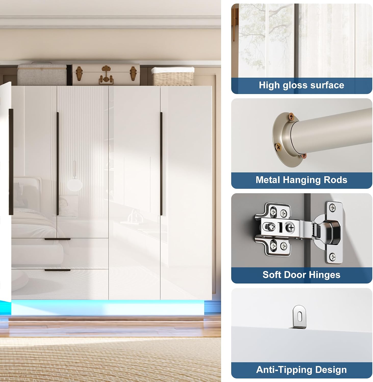 70” Tall 4 Doors High Gloss Armoire Wardrobe Closet 2 Mirror, LED Lights, 2 Drawers,63" Modern Closet Wardrobe Cabinet with Shelves and Hanging Rod, Freestanding Wooden Armoire for Bedroom,White