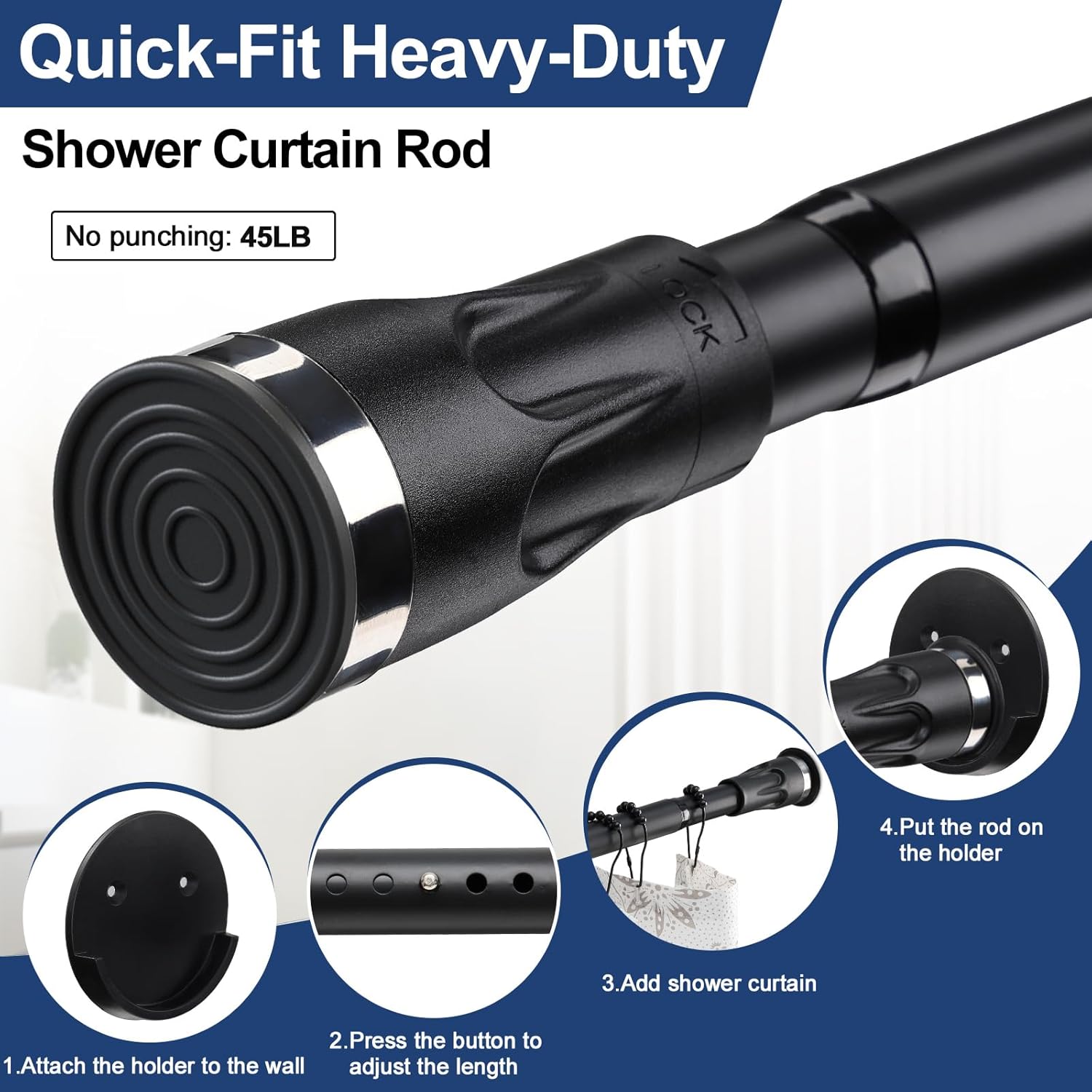 Shower Curtain Rod With Holders, 42 to 100 inch Tension Shower Curtain Rod No Drilling Adjustable Black Shower Rods