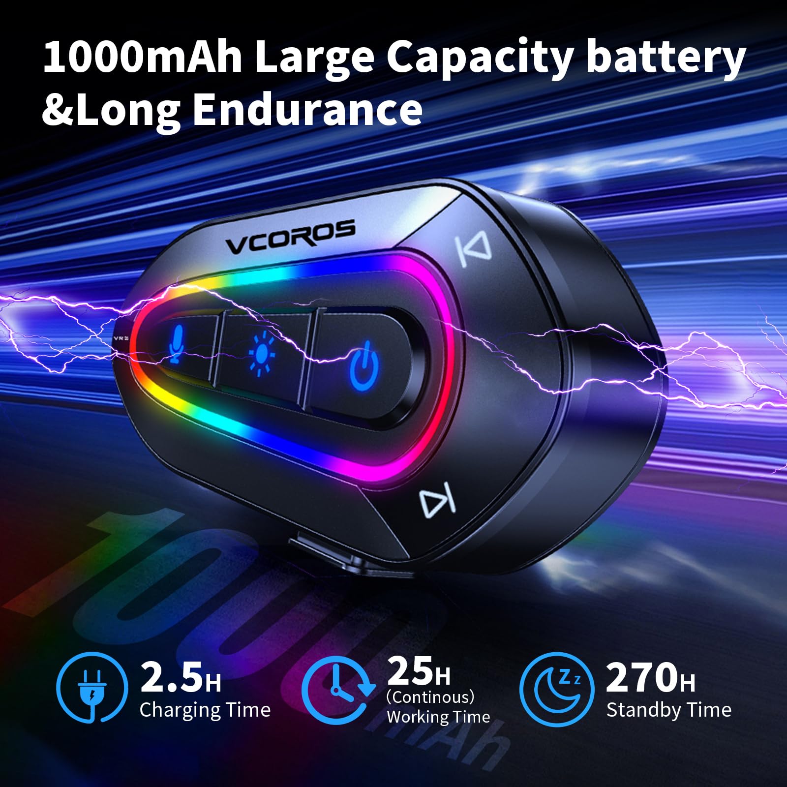VCOROS Auriculares Casco Moto,VR2 Manos Libres Moto Bluetooth,5.4 Bluetooth Cancelación de Ruido DSP&CVC,Iluminación RGB,IPX6 Impermeable,Respuesta AutomáticaCompatible con Todos Los Cascos 1000mAH