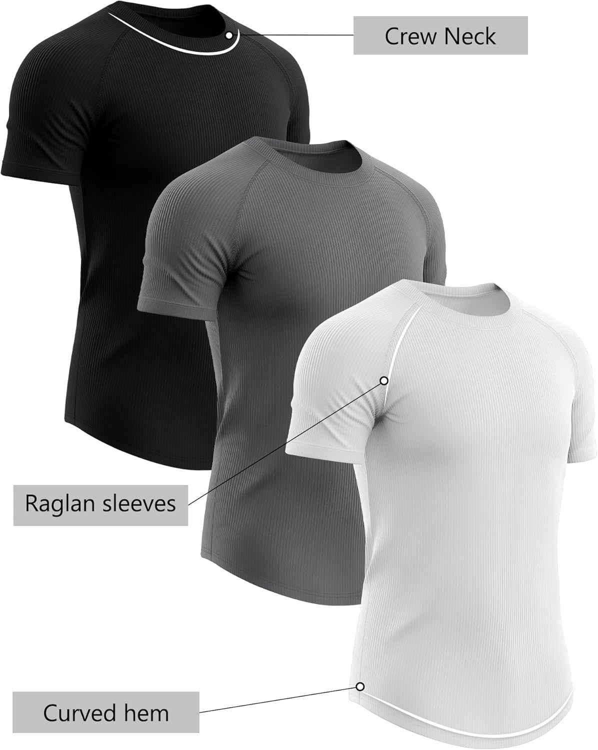 Riyiper 3 Pack Men's Muscle T Shirt Casual Short Sleeve Tops Ribbed Crewneck Slim Fit Workout Gym Curve Hem Basic Tee Shirts - Image 2