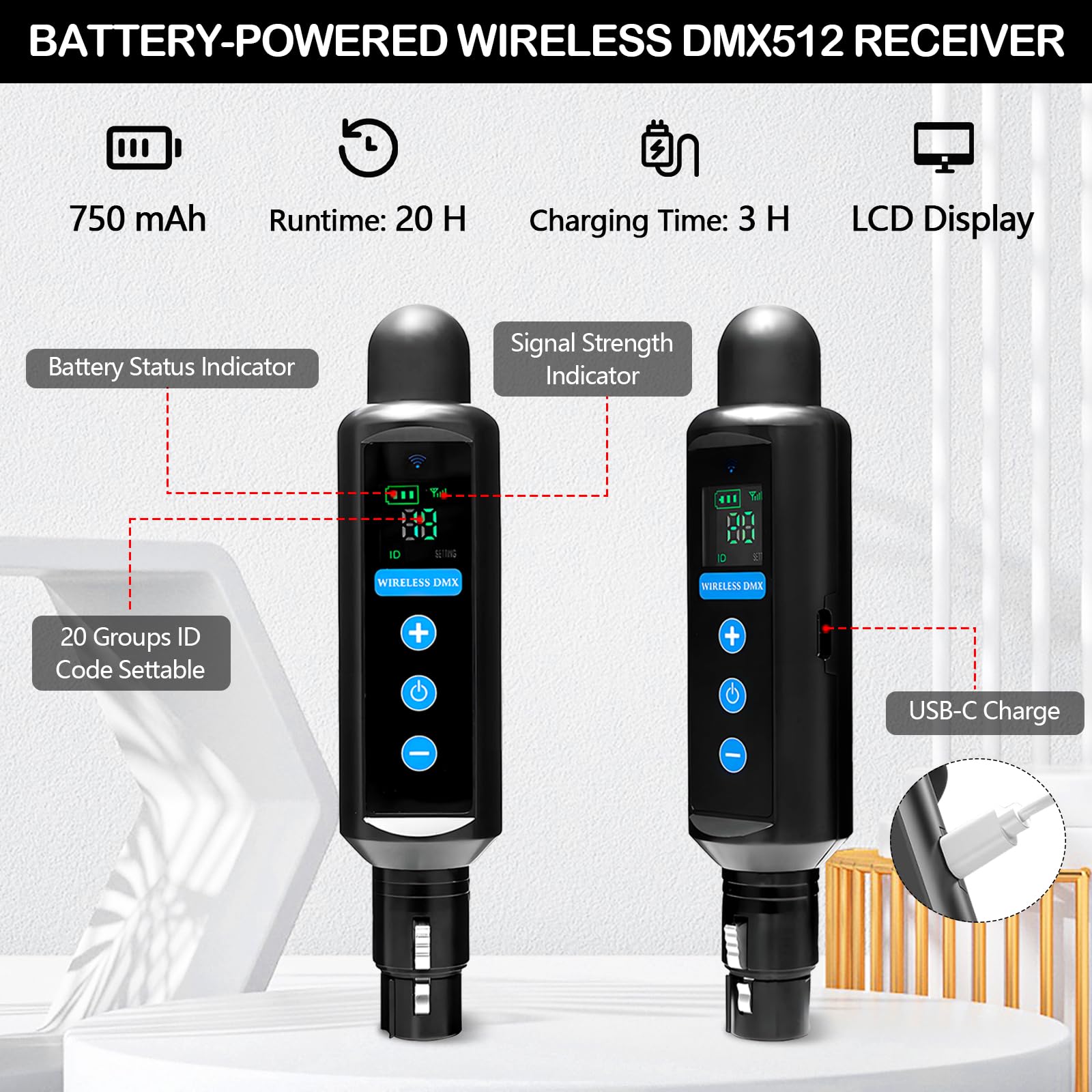 Kit controller DMX wireless TECKZOON con custodia, trasmettitore DMX512 e 3 ricevitori, autonomia fino a 20 ore, controllo touch, sistema di controllo luci DMX wireless per illuminazione scenica