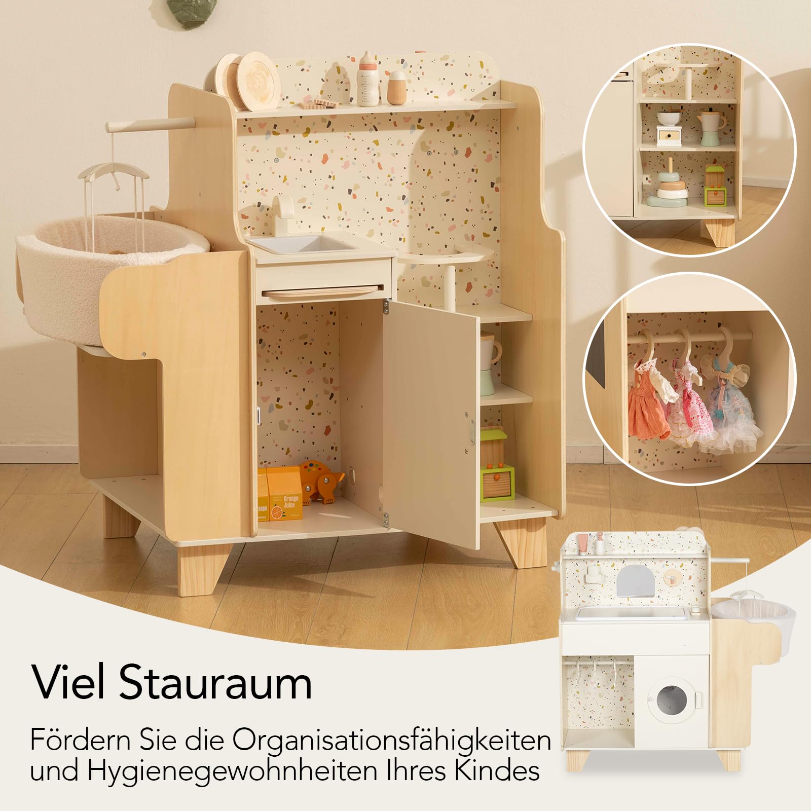 Holz-Spielzeugwiege, 4-in-1-Holzspielset zur Babypflege mit Wiege, Montessori-Rollenspielzeug für Kinder von 3 bis 9 Jahren, Geschenk für Jungen und Mädchen