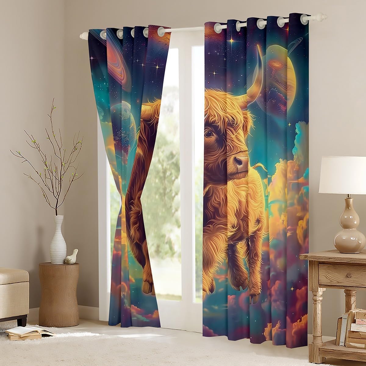 Highland Cattle Curtains for Living Room,Romantic Universe Cloud Planet Window Drapes Bedroom Blackout 30%-50%,Dreamy Starry Galaxy Window Treatment Grommet Top 2 Panels Decor,38Wx45L