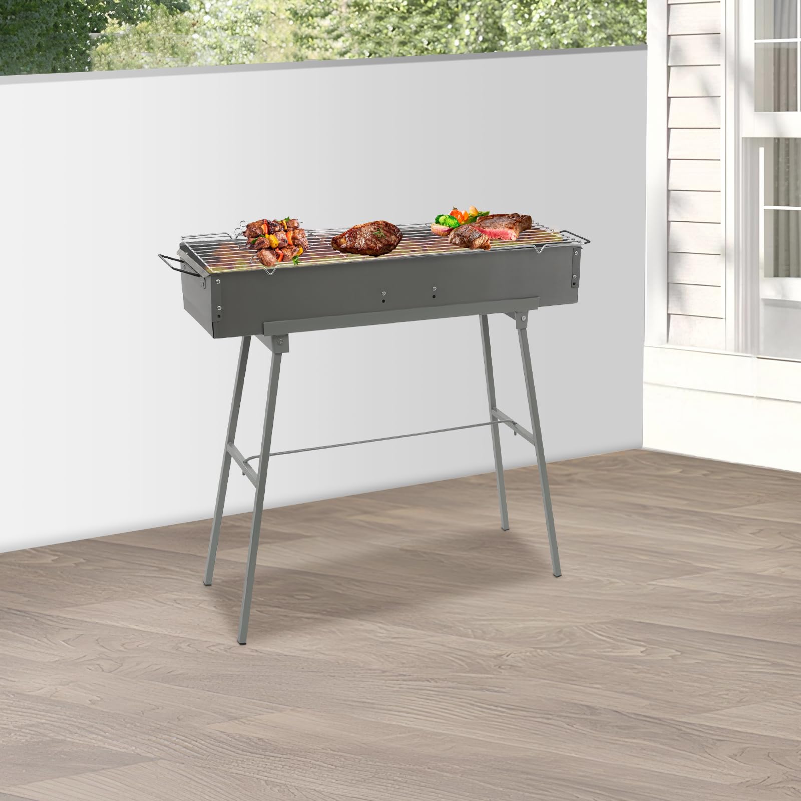 Składany grill kempingowy, grill z kratką i drążkiem podporowym, 80 x 18 x 13 cm, mobilny składany grill ogrodowy