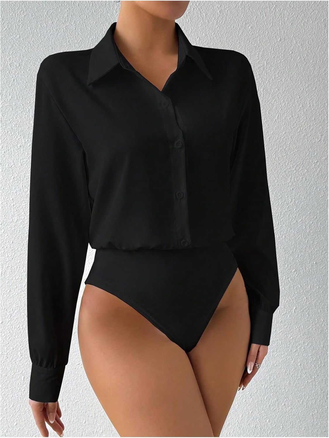 SweatyRocks Women's Button Down Long Sleeve Bodysuit Lapel Collar Casual Leotard Tops - Image 4