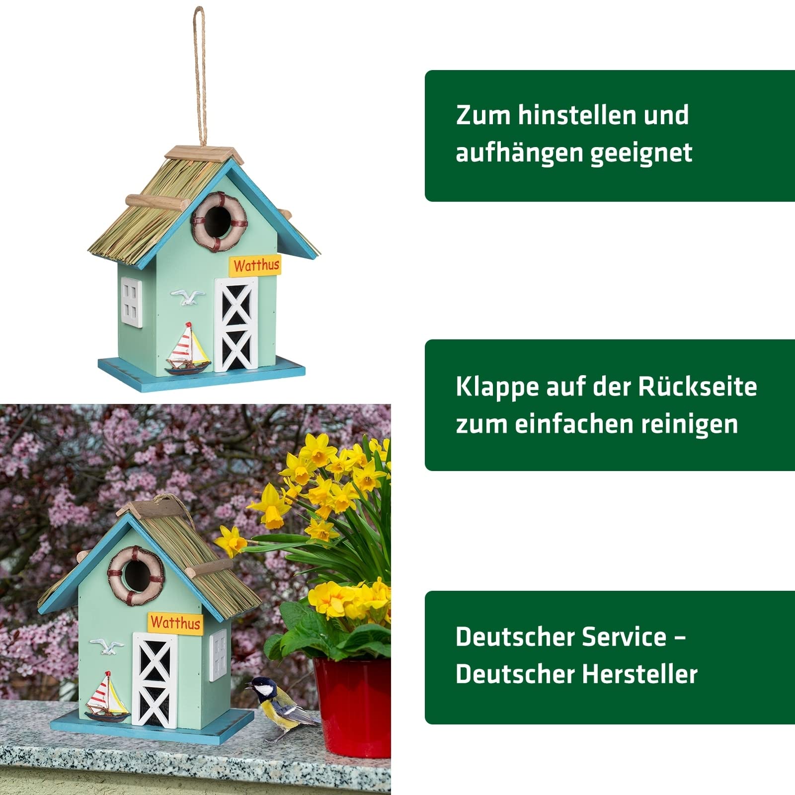 Casetta Per Uccelli Gardigo In Legno Con Tetto In Erba - Rifugio E Nido Per Cinciallegre E Fringuelli - Foto 9