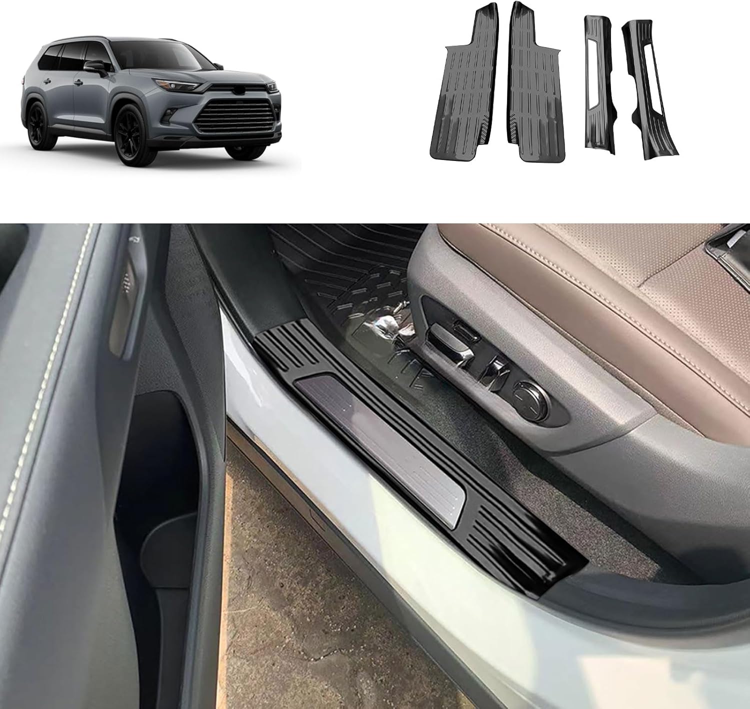 Entry Guards Cover Compatible with Toyota New Grand Highlander 2024 2025 2026 Inner Door Sills Anti-Dirty Scuff Plate Cover Interior Car Accessories Stainless Steel 4PC(Black Brushed Finish)