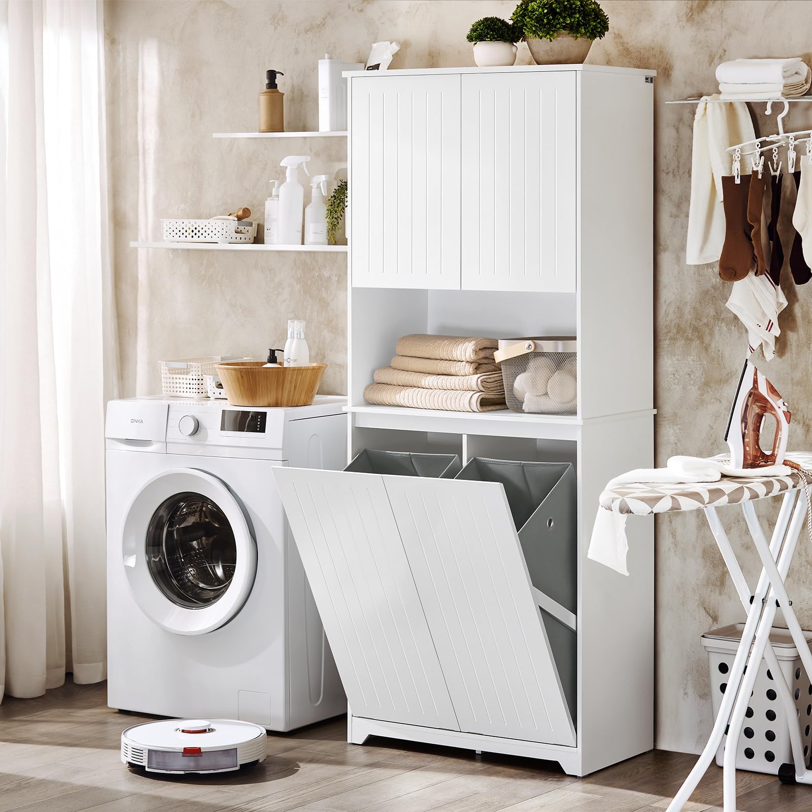 SoBuy Mueble Baño Estrecho con Cesto para Ropa Sucia 37x170x70 cm | Armario Lavadero Alto 170 cm Estrecho con 2 Puertas y Estante Abierto Columna Baño Blanca para Almacenaje Compacto BZR150-W