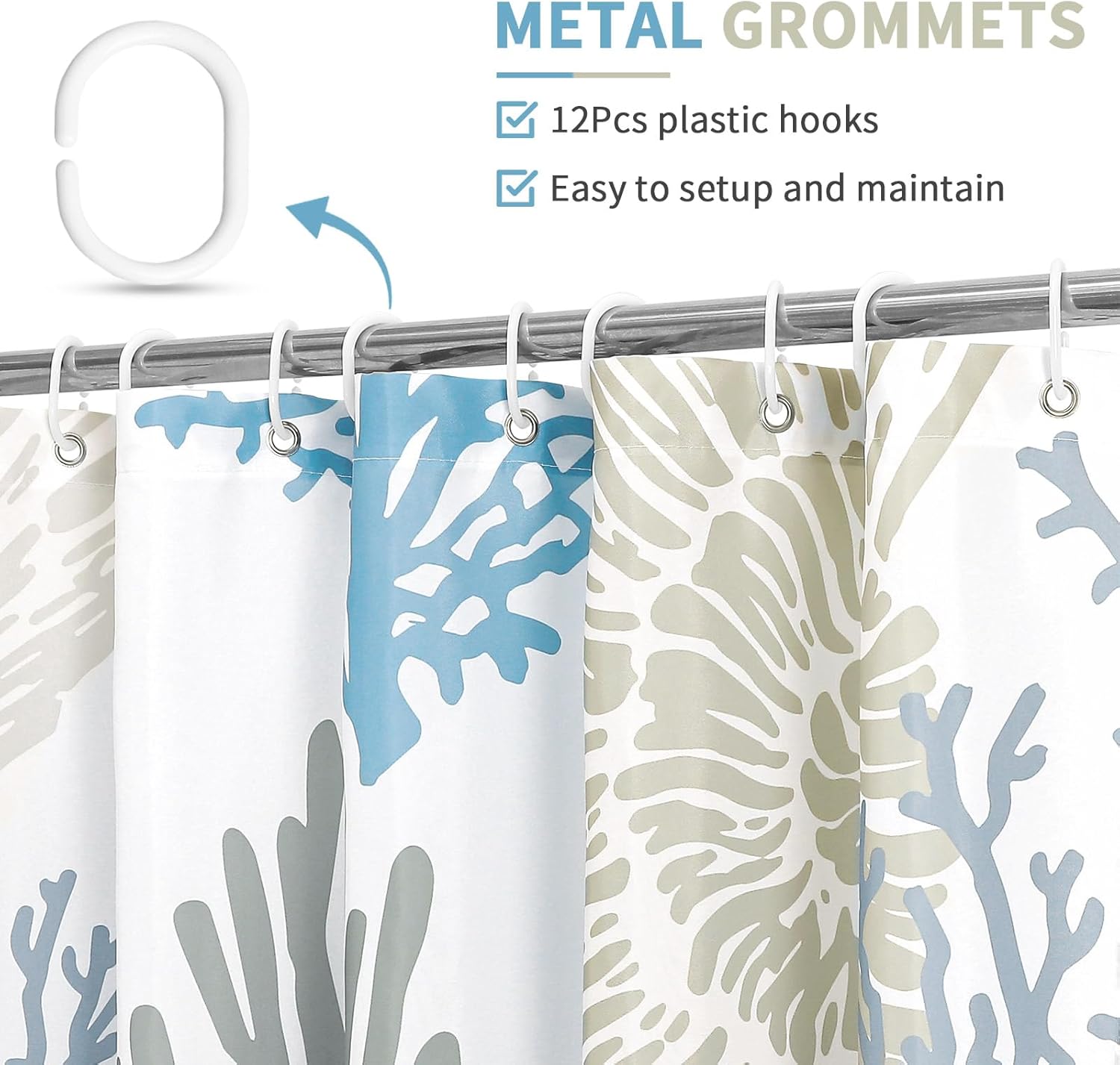 Gibelle Long Shower Curtain 72 x 78, Tall Nautical Coastal Fabric Shower Curtain, Ocean Beach Seashell Starfish Marine Underwater Bathroom Curtain Set with Hooks, Blue