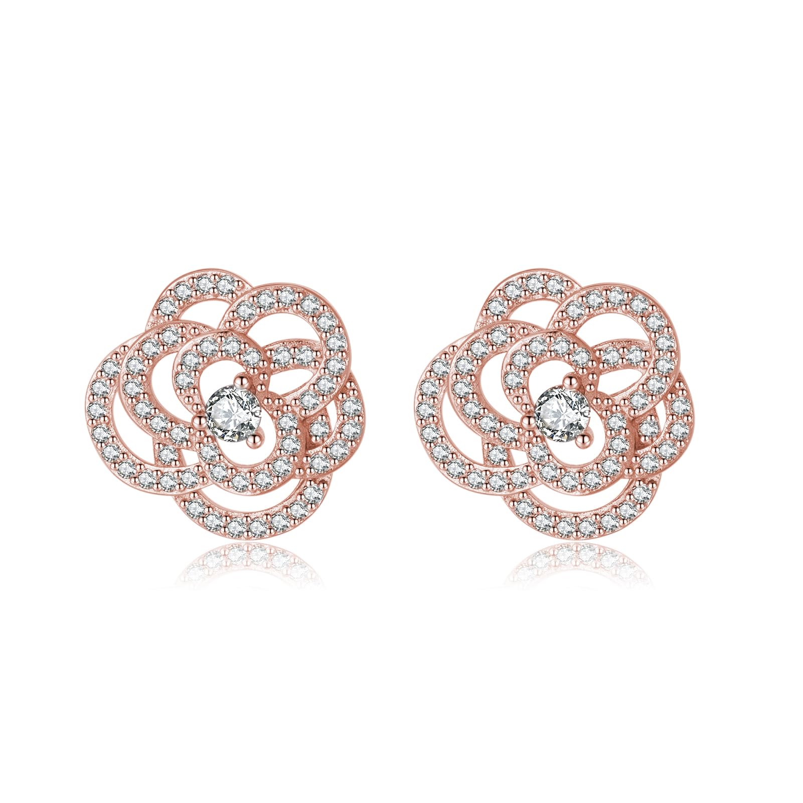 SLUYNZ Solid 925 Sterling Silver CZ Flower Wedding Earrings Stud for Women Teens 1.5CM Camellia Flower Stud Earrings Bridal