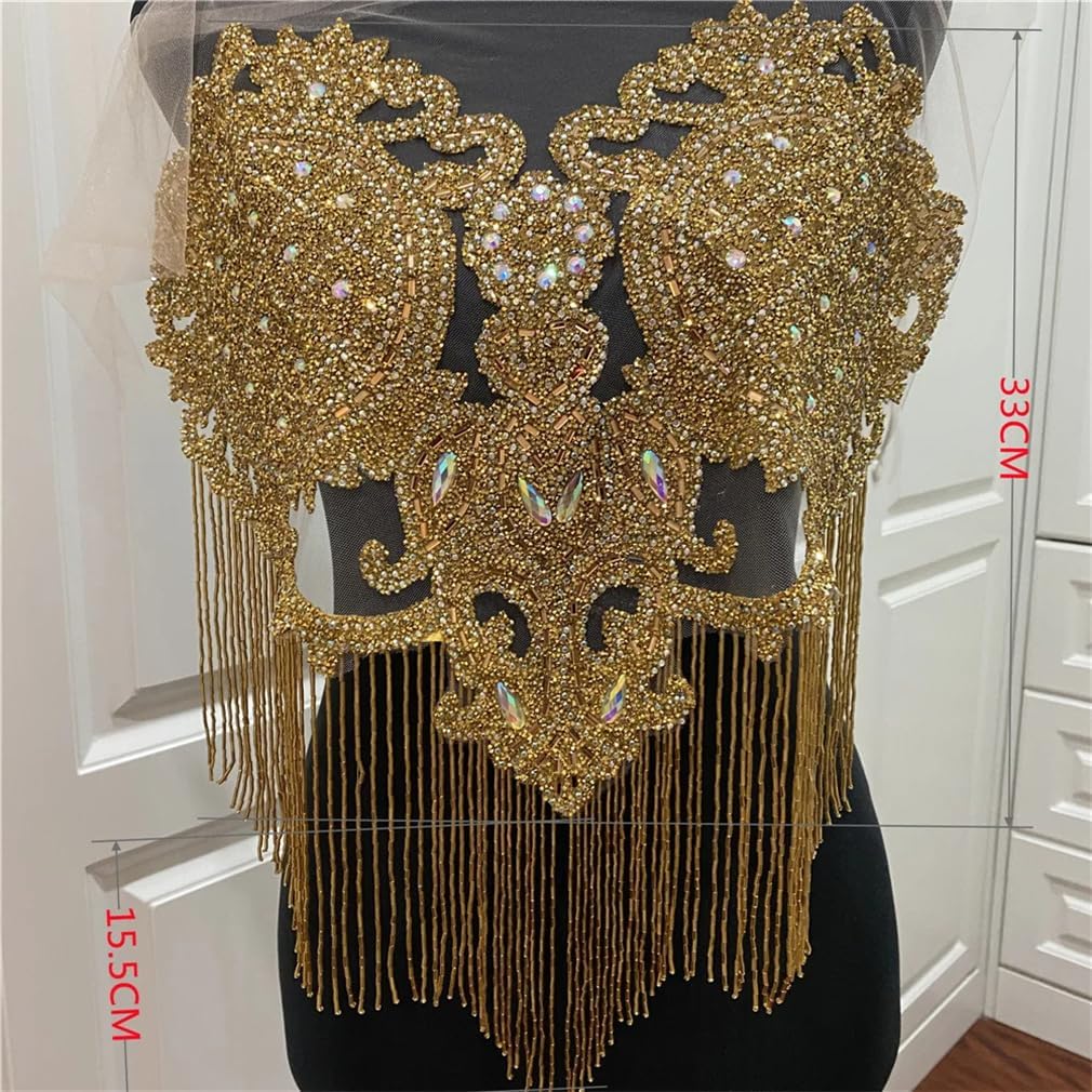 Tassels Gold Rhinestones Applique Bridal Accessories Iron On DIY Patches Sewing Applique Craft