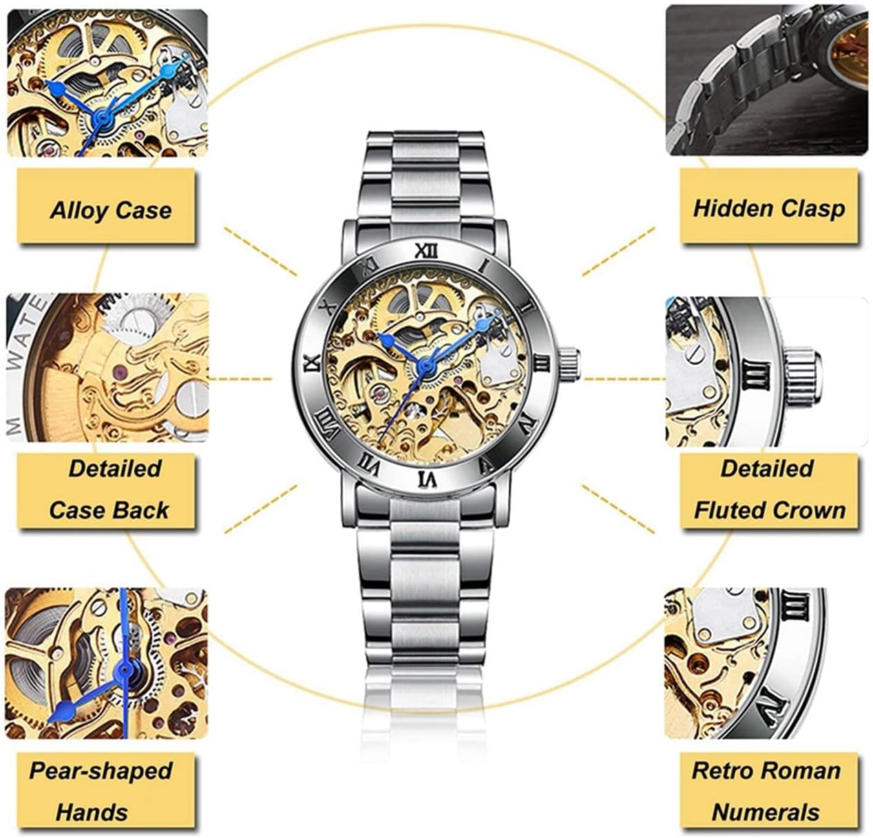 MASTOP Women's Watches Automatic Steampunk Self Winding Mechanical Silver Bracelet Ladies Skeleton Wrist Watch - Image 7
