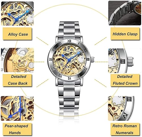 Miniatura 7 de MASTOP Relojes para mujer, reloj automático Steampunk de cuerda automática, pulsera de plata, reloj de pulsera de esqueleto para mujer