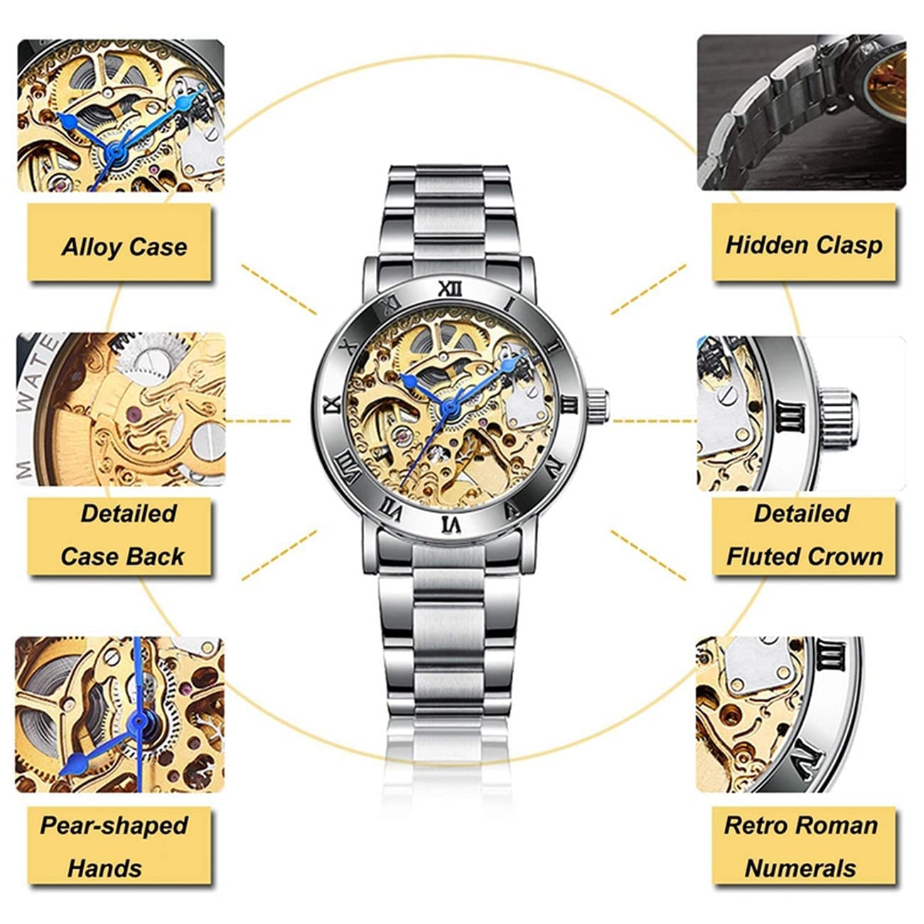 MASTOP Women's Watches Automatic Steampunk Self Winding Mechanical Silver Bracelet Ladies Skeleton Wrist Watch