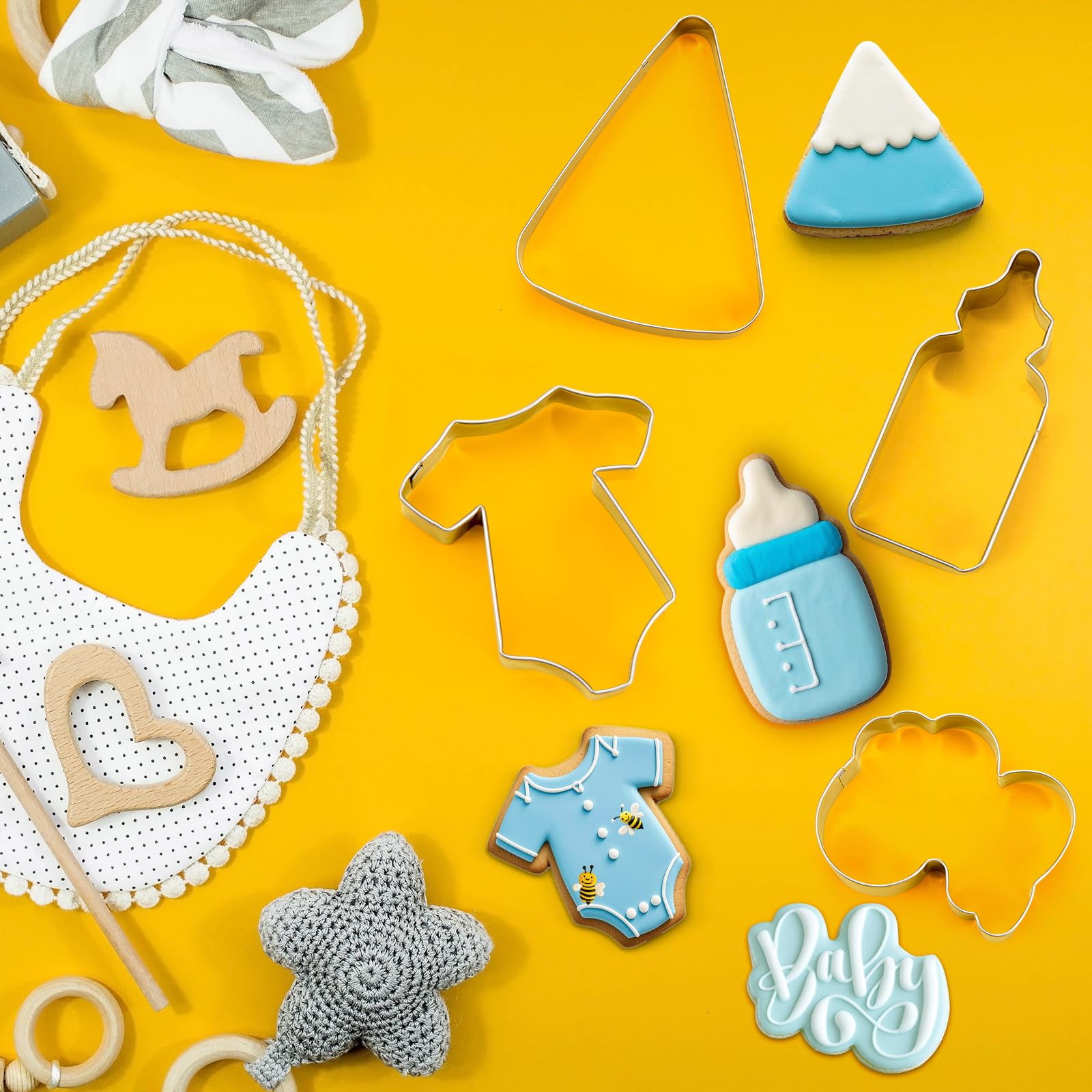 Teenyyou 4 cortadores de galletas para baby shower, cortador de galletas de acero inoxidable para bebé, palabras de bebé, cuña y cortadores de galletas para biberones para bebé