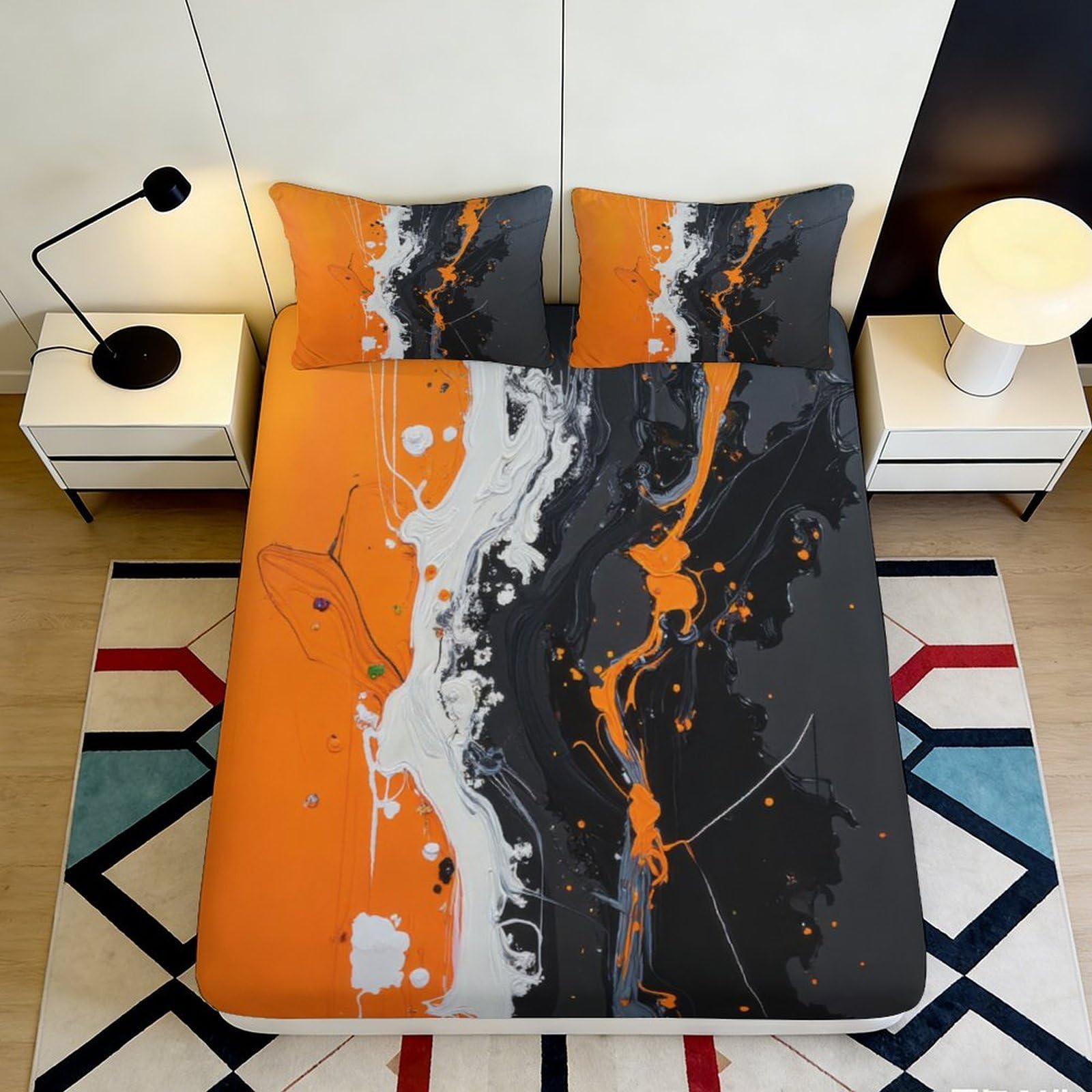 3D Printed Abstract Orange Black Fitted Sheet Microfiber Soft Breathable Marble Pattern Mattress Cover for Bedroom Dorm Dormitory Guest Room Protection 90x200x25cm