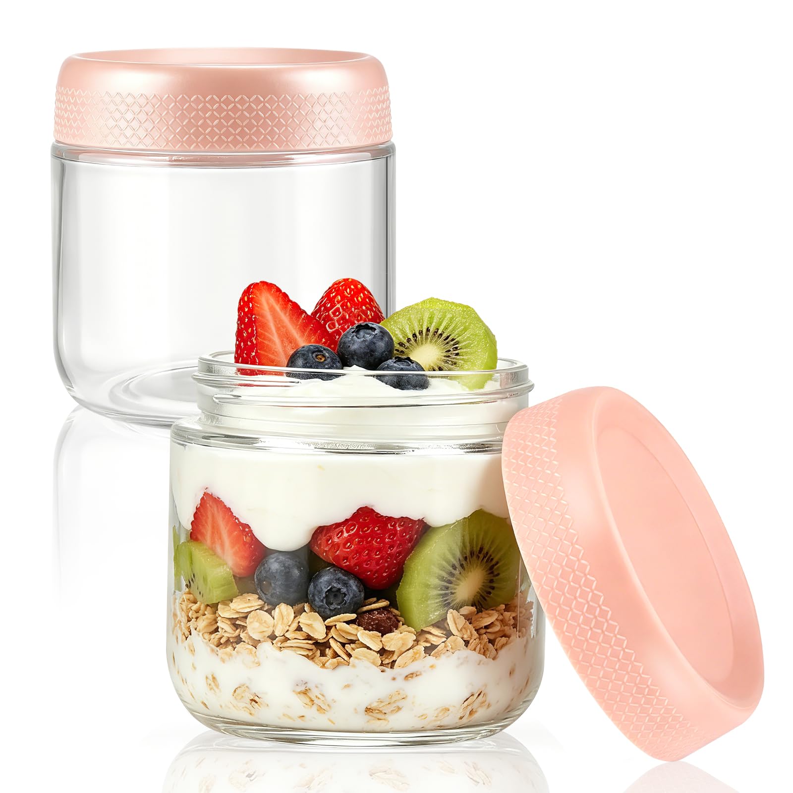 Overnight Oats Jar, 2 Pack Glass Containers With Lids, Clear Glass Jar with Screw Lid Overnight Oats Containers Reusable Wide Mouth Mason Jars for Cereals Milk Fruit Condiment Dressing Sauce (pink)