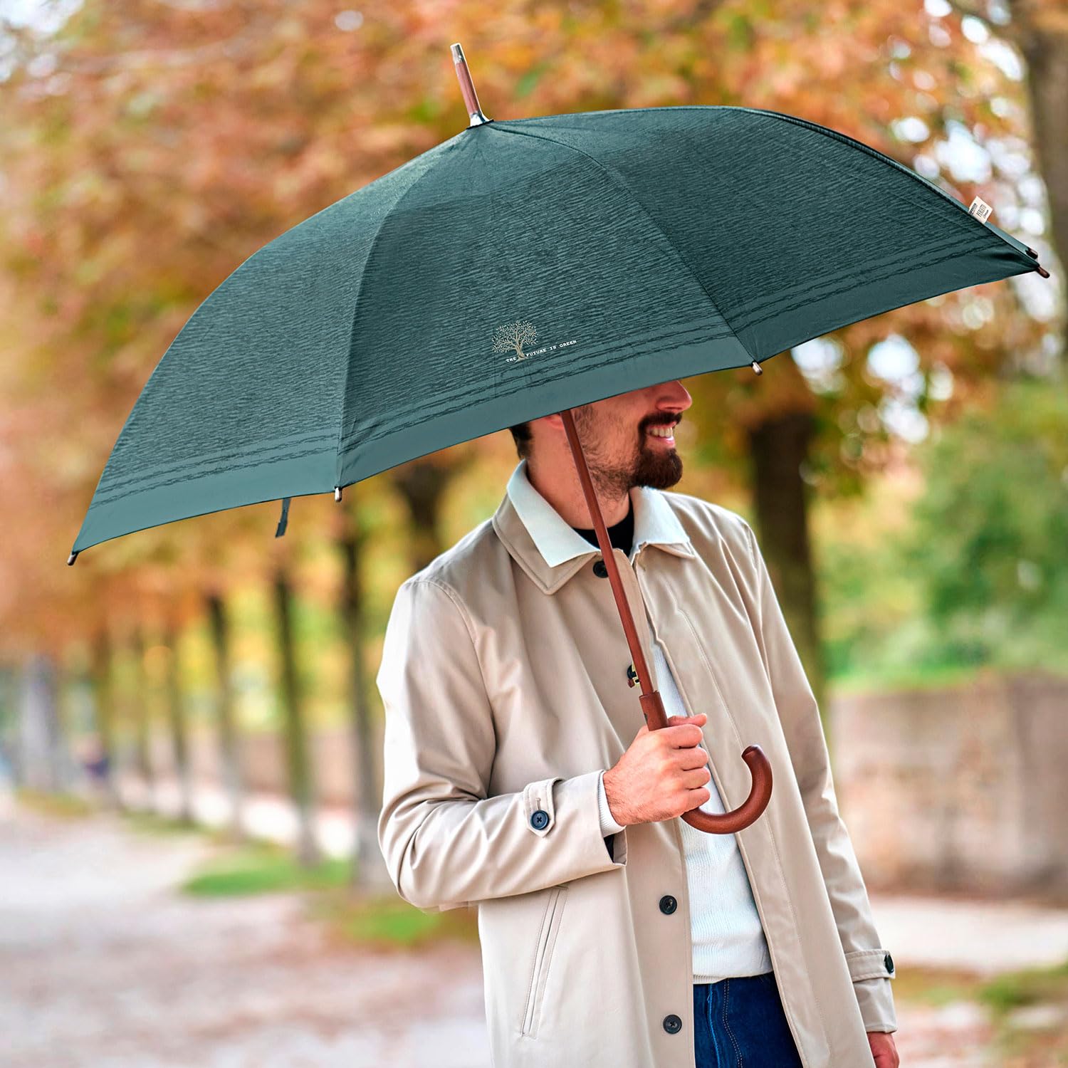 PERLETTI GREEN Składany Parasol Męski Automatyczny Przyjazny Środowisku - Parasolka Organiczna Ekologiczna Uchwyt z Drewna - Kompaktowe Małe Parasole Wiatroodporne - Średnica 96 cm