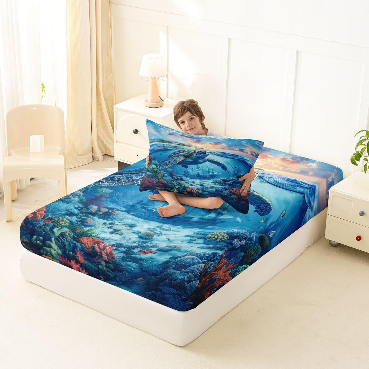 Erosebridal Sea Turtle Sheets for Boys Girls Ocean Theme Fitted Sheet, Ocean Seaweed Bed Sets Twin 2 Piece