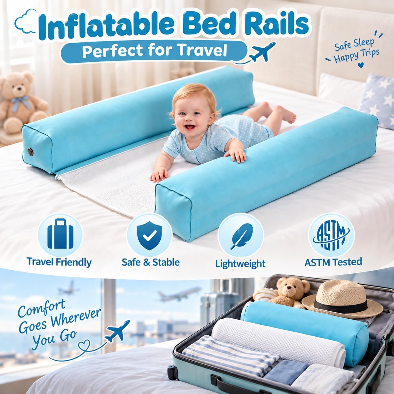 2 Pack Inflatable Bed Rails for Toddlers, 25" Safety Flap, Travel Bumpers