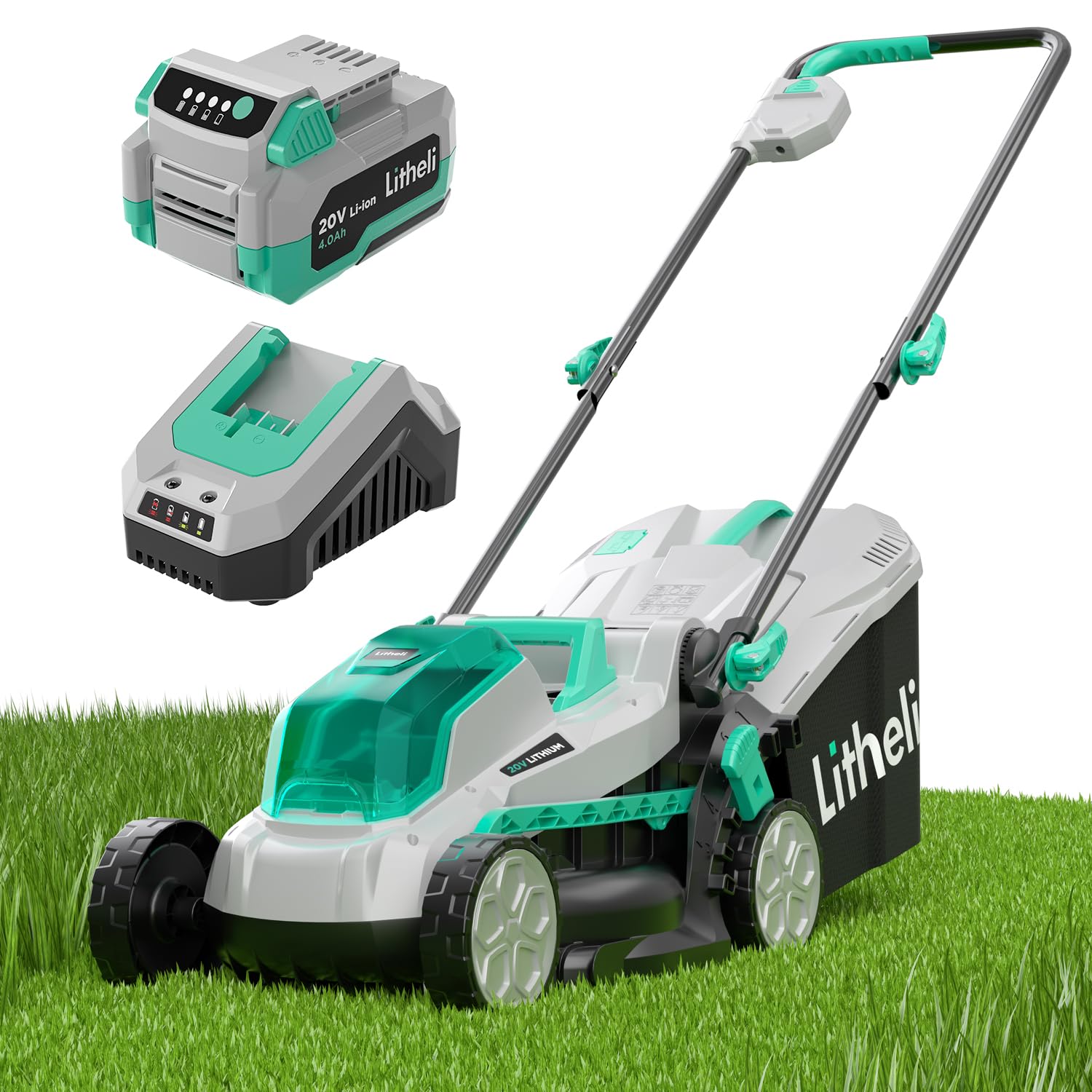 LiTHELi 13-inch cordless lawn mower in green with grass bag