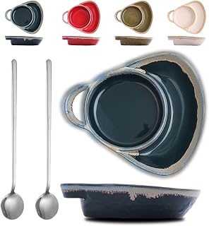 Soup and Side Bowl Plate Ceramic, Stoneware Soup & Side Bowls Set, Soups and Side Bowls Combo, Bread Salad Fruit for Breakfast, and Sandwich Ideal for Home, Restaurant (1, Blue)