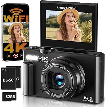 digital camera 4k 64mp camera photo camera with wifi 3 180  folding display autofocus camera digital camera 18 x digital zoom compact camera with selfie for beginners with 32gb card 2 batteries