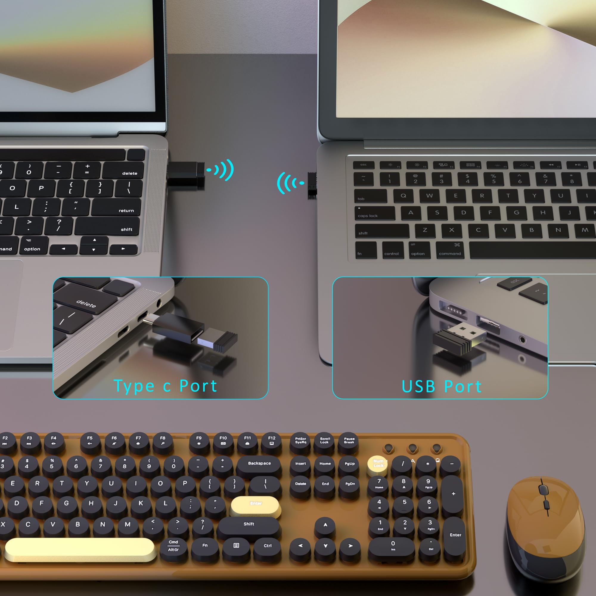 Bezprzewodowe klawiatury komputerowe, kombinacje myszy, kolorowa maszyna do pisania, retro klawiatura z okrągłymi nasadkami klawiszy, zestaw klawiatury i myszy USB 2,4 GHz, pełnowymiarowa