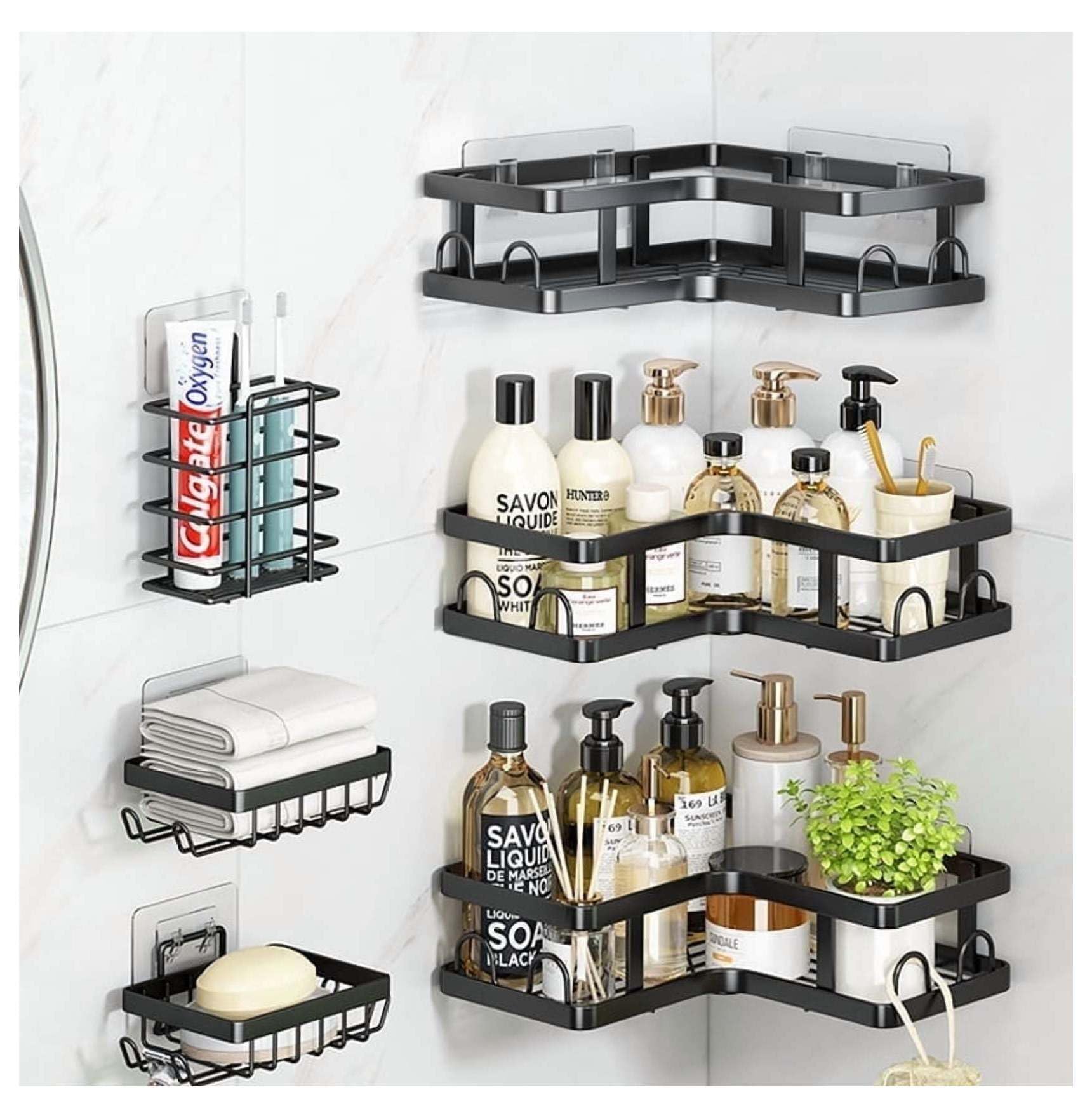 Corner Shower Caddy 6 PCS Stainless Steel Wall Mount Bathroom Organizer - Black