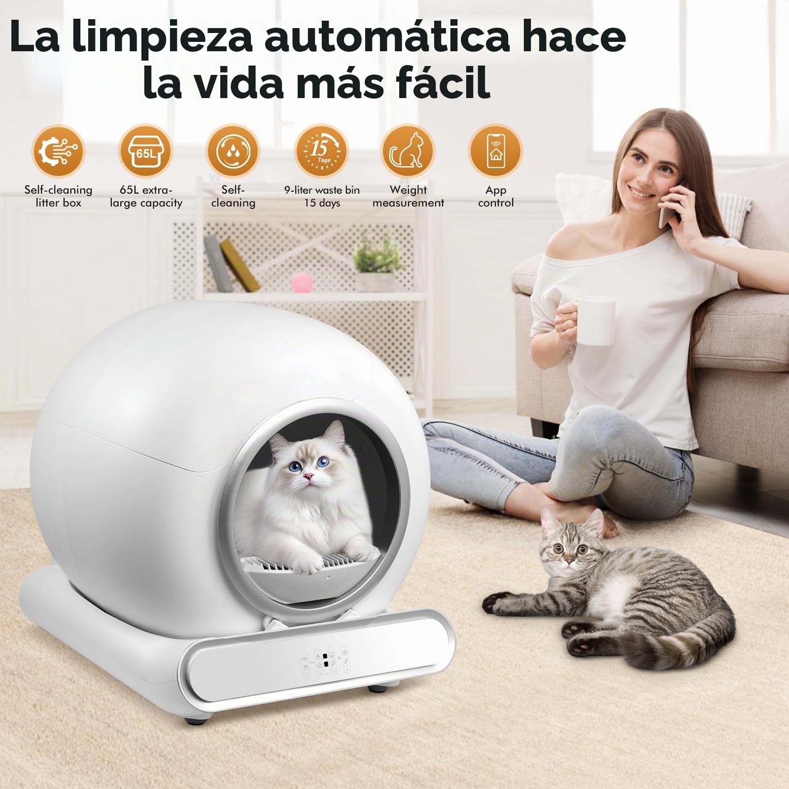Caixa de Areia para Gatos Automatico, 65l+9l Arenero Gato Grande XXL con Detector De Infrarrojos y Sensores de Peso, Desodorización Electrolítica, Silenciosa Arenero Cerrado para Gatos