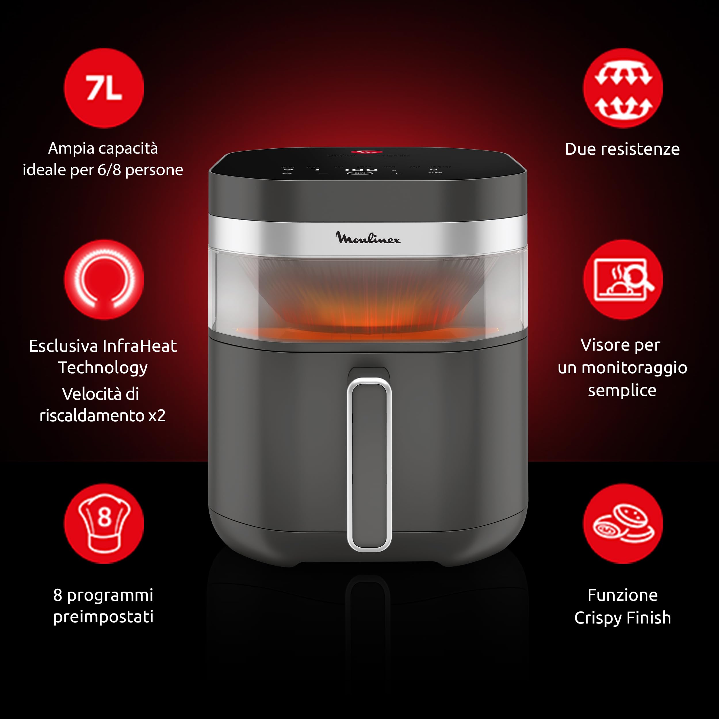 Moulinex Easy Fry Infrared, Friggitrice ad Aria 7L, Doppia Resistenza, Riscaldamento 2 Volte Più Veloce, Cottura Rapida, Lavabile in Lavastoviglie, Finestra di Osservazione, Colore Coal Grey, EZ832H