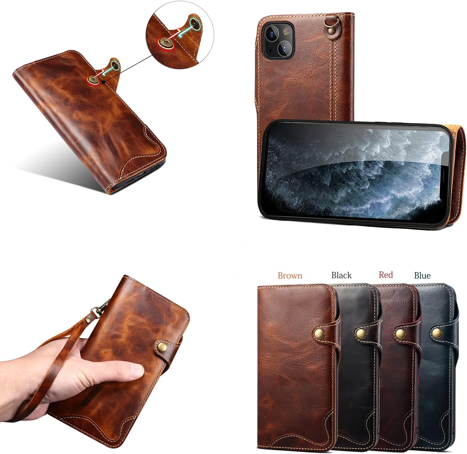Genuine Leather Wallet Case for iPhone 13,Classic Oil Wax Pattern Real Leather Button Card Slot Flip Stand Case Cover with Lanyard Black