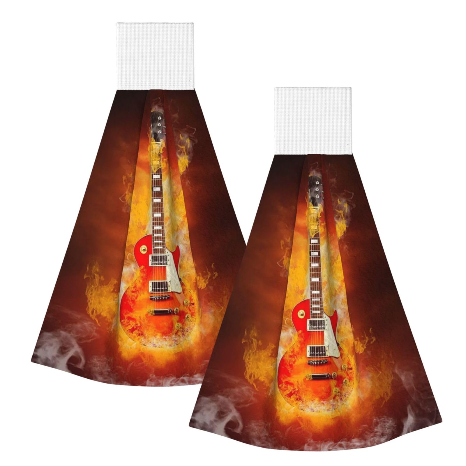DOPKLNA Rock Guitar In Burning, 2 Pcs Hanging Coral Fiber Hand Towels for Bathroom, Absorbent Kitchen Towels