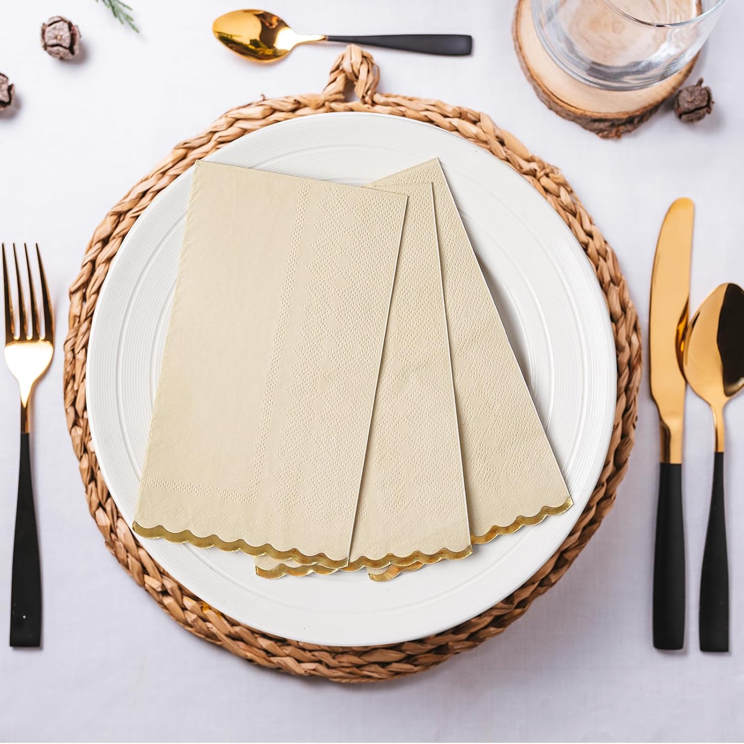 50 Pack Beige Paper Napkins Decorative, Gold Foil Scalloped Edged Elegant Guest Napkins, Disposable Dinner Napkins for Wedding, Baby Shower, Bridal Shower, Birthday Party Table Setting (4 x 8 Inches)