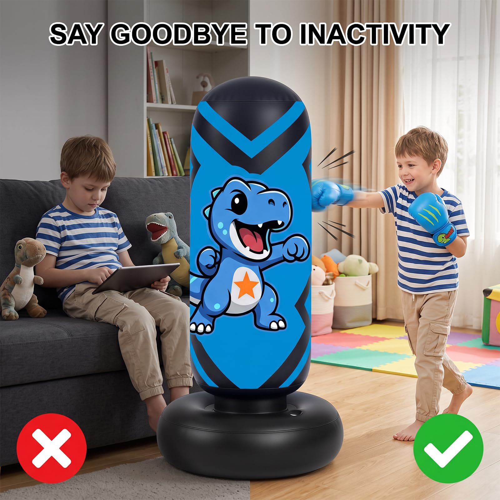 Ninonly 130cm Sacco da Boxe per Bambini Gonfiabile con Guanti e Pompa | Sacco Boxe da Terra per Bambini 3-8 Anni, PVC Resistente Punchball per Karate Taekwondo, Design Dinosauro Allenamento a Casa
