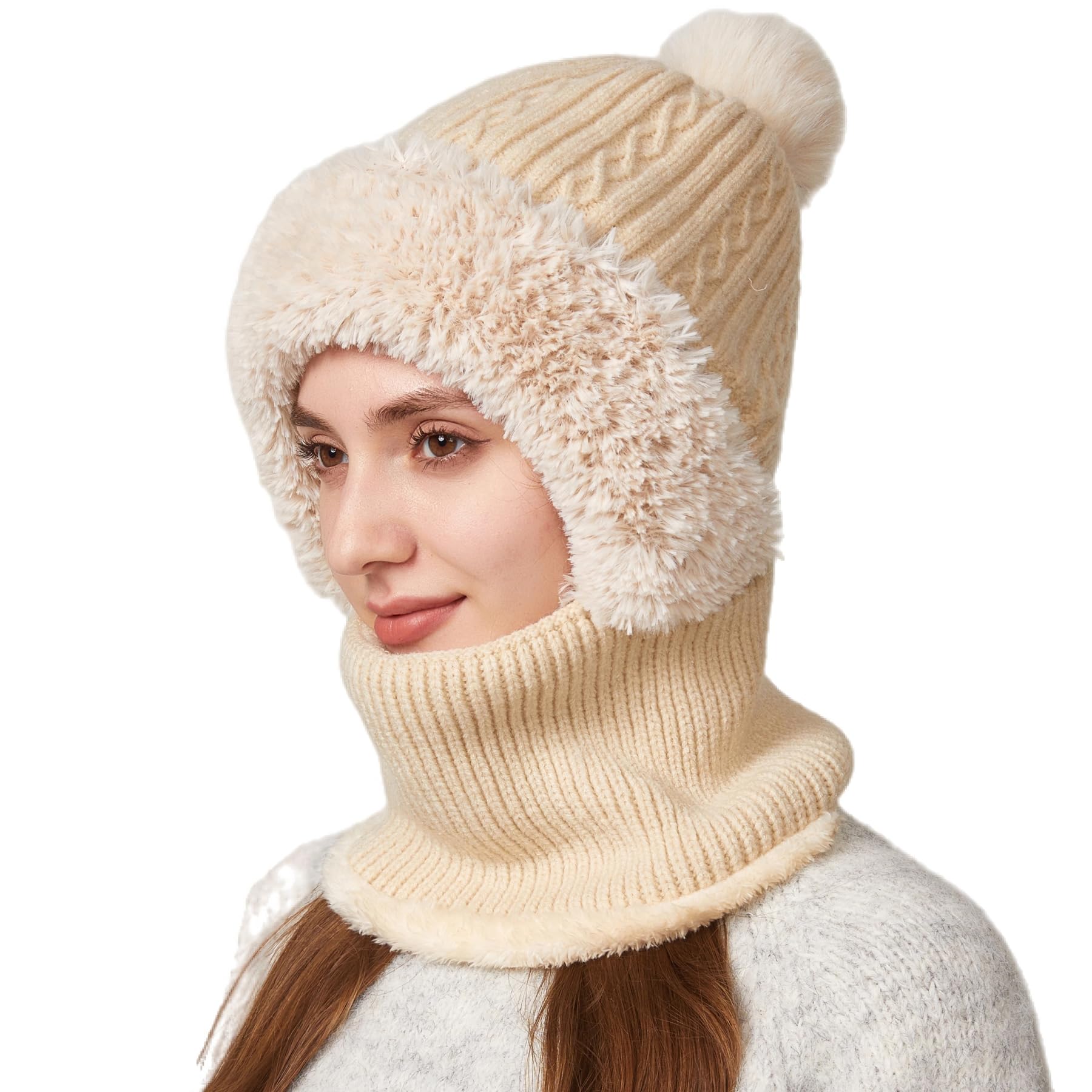KAICAILA Women's Winter Knitted Balaclava - Fleece Lined Beanie Neck Warmer for Cold Weather