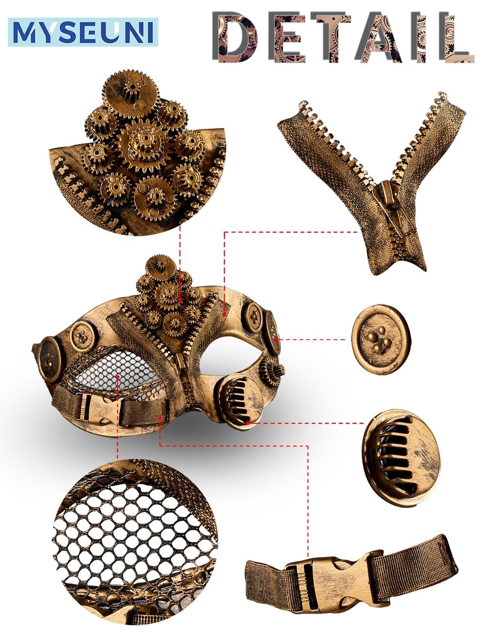MYSEUNI 2025 New Steampunk Mechanical Mask Gold- Steam Punk Halloween Cosplay - Image 3